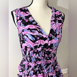 Womens Babydoll Tank Top size L  Smocked Purple V Neck Sleeveless Print Colorful